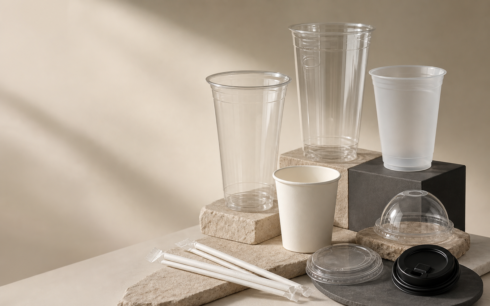 Unbranded PET, PP and paper cups with matching lids and straws