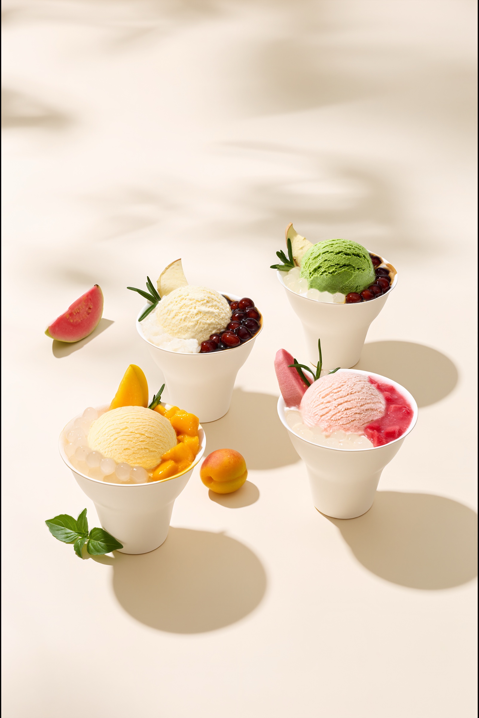 Four printed paper cups serving ice cream and fruit