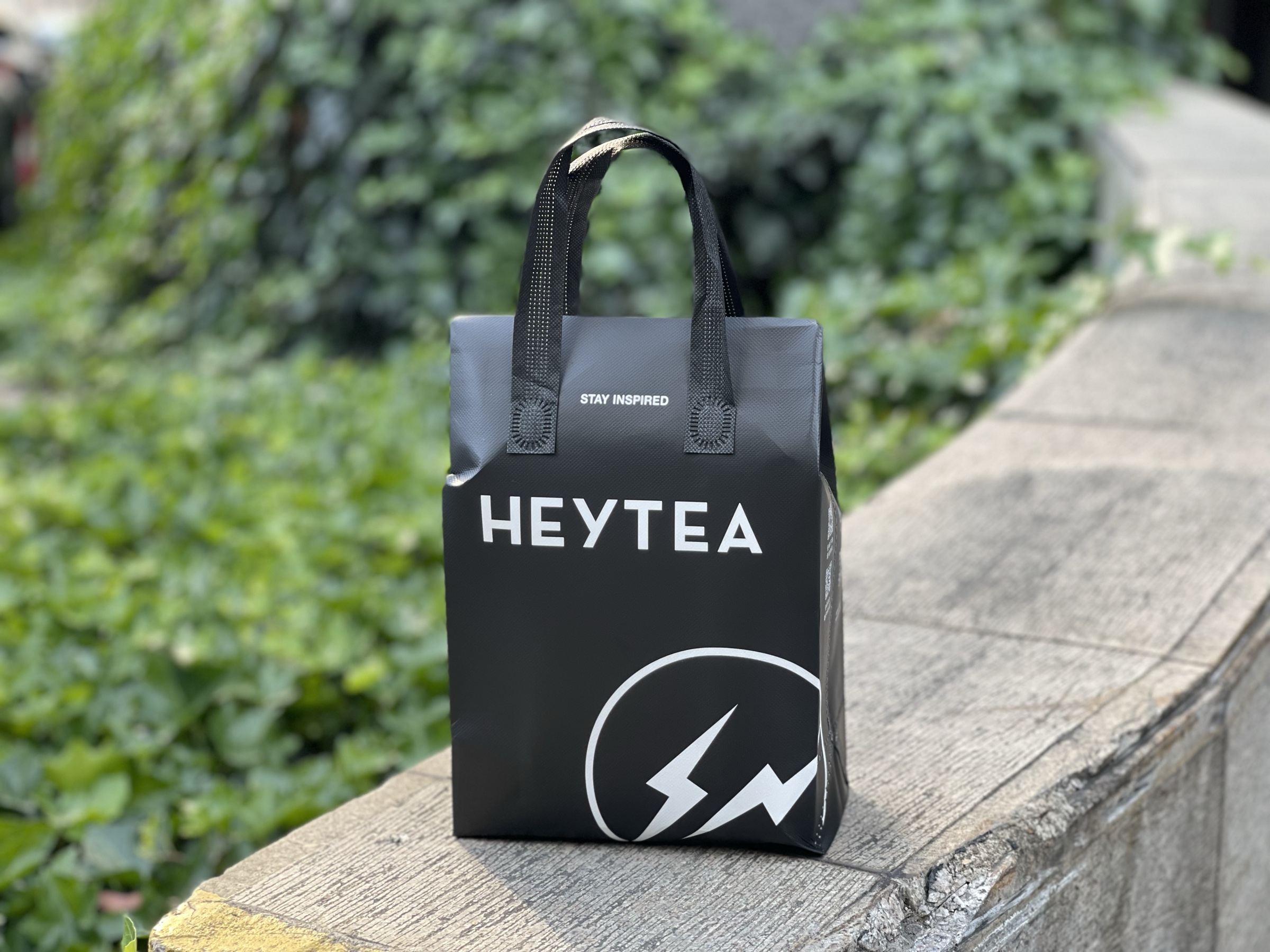 Black printed insulated carry bag photographed outdoors